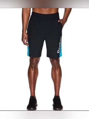 Reebok Men’s Athletic Quick Dry Black Shorts w/ Teal Side Panels Medium NWT